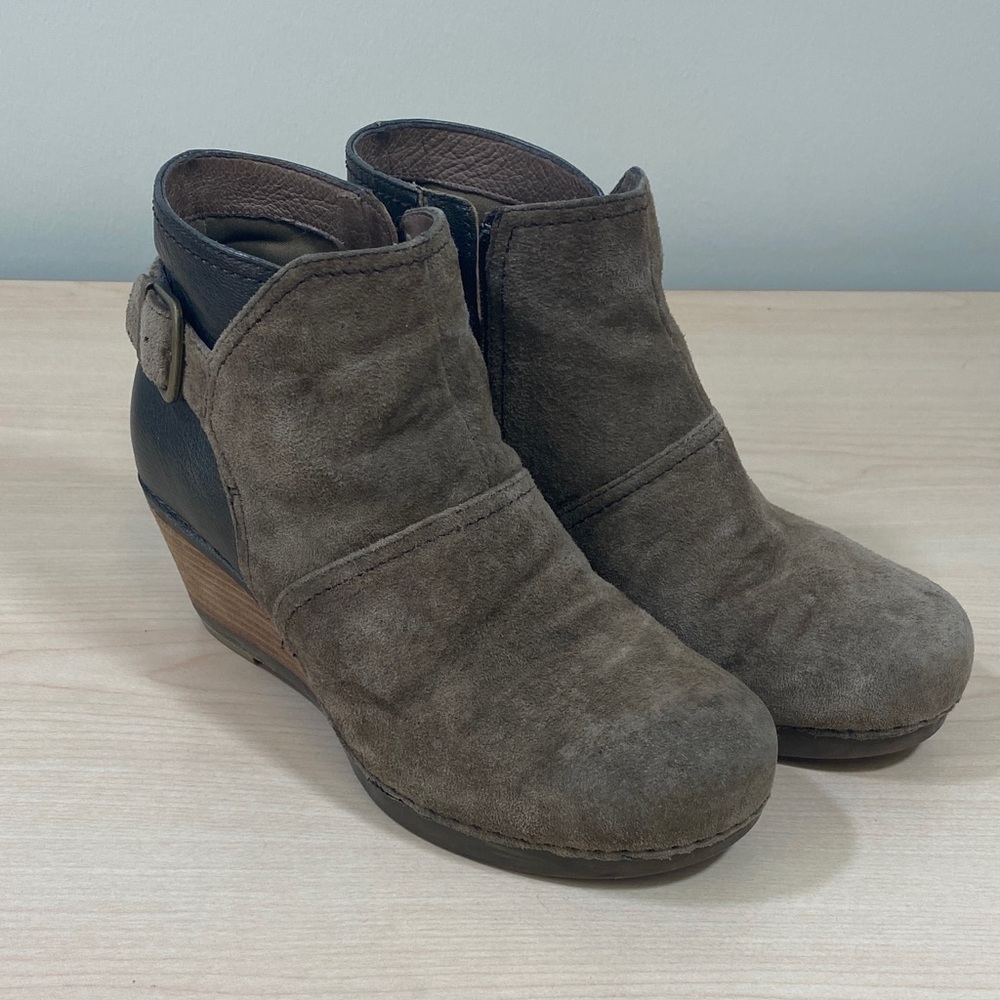 Dansko Shirley Brown Leather and Taupe Suede Ankle Boots with Buckle
